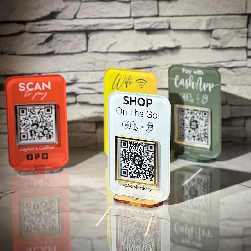 Mini Cartel acrilico QR Redes sociales, pagos, wi fi, emprendedores